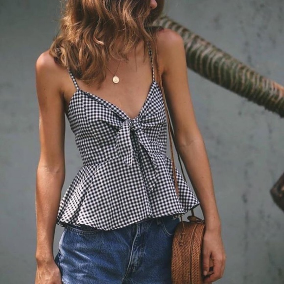 ootn Tops - OOTN Black Gingham Peplum Tank Top Size Small